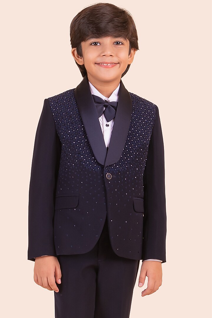 Navy Blue Japanese Bommario Cutdana Hand Embroidered Tuxedo Set For Boys by Partykles at Pernia's Pop Up Shop