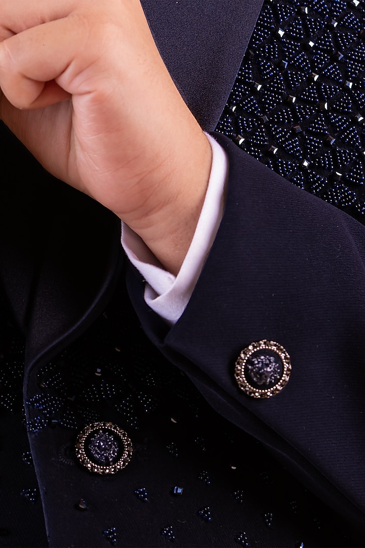 Navy Blue Japanese Bommario Cutdana Hand Embroidered Tuxedo Set For Boys by Partykles at Pernia's Pop Up Shop