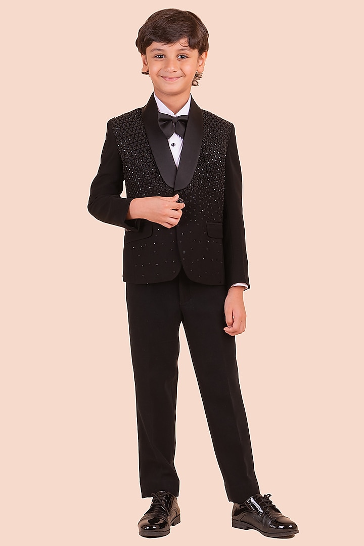 Black Japanese Bommario Cutdana Hand Embroidered Tuxedo Set For Boys by Partykles at Pernia's Pop Up Shop