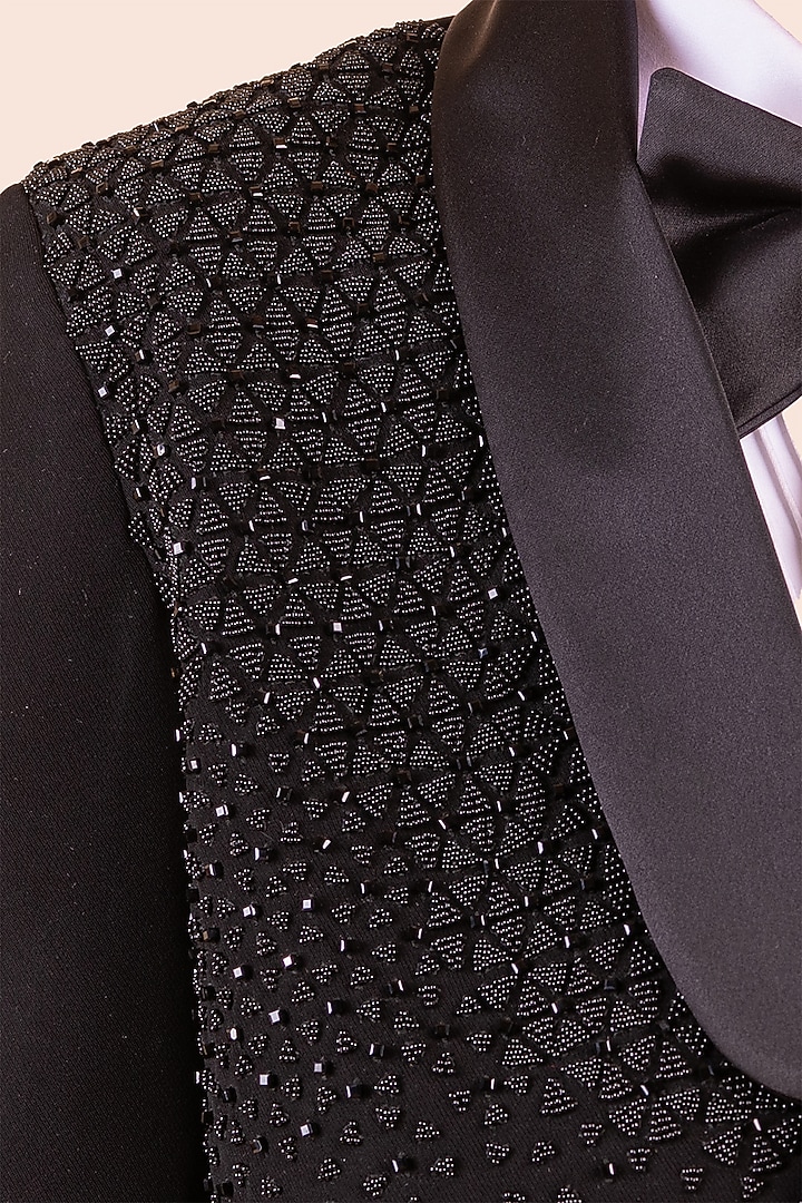 Black Japanese Bommario Cutdana Hand Embroidered Tuxedo Set For Boys by Partykles at Pernia's Pop Up Shop
