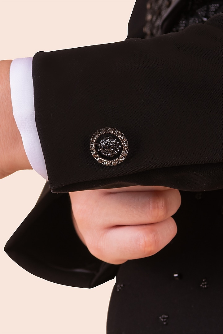 Black Japanese Bommario Cutdana Hand Embroidered Tuxedo Set For Boys by Partykles at Pernia's Pop Up Shop