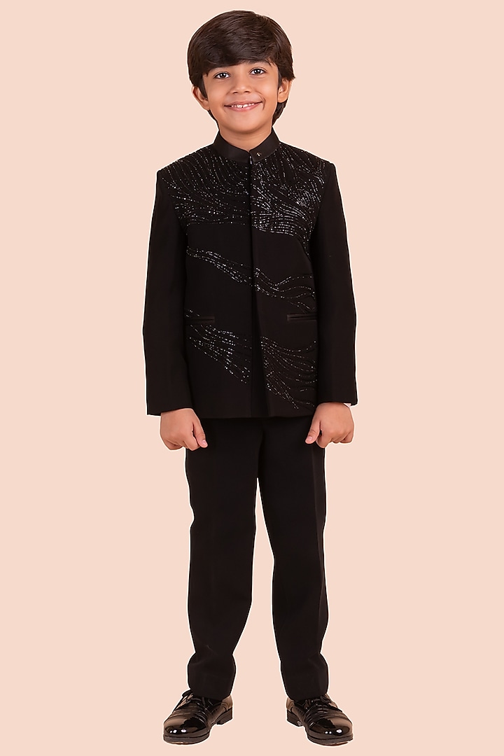 Black Japanese Bommario Cutdana Hand Embroidered Jodhpuri Jacket Set For Boys by Partykles at Pernia's Pop Up Shop