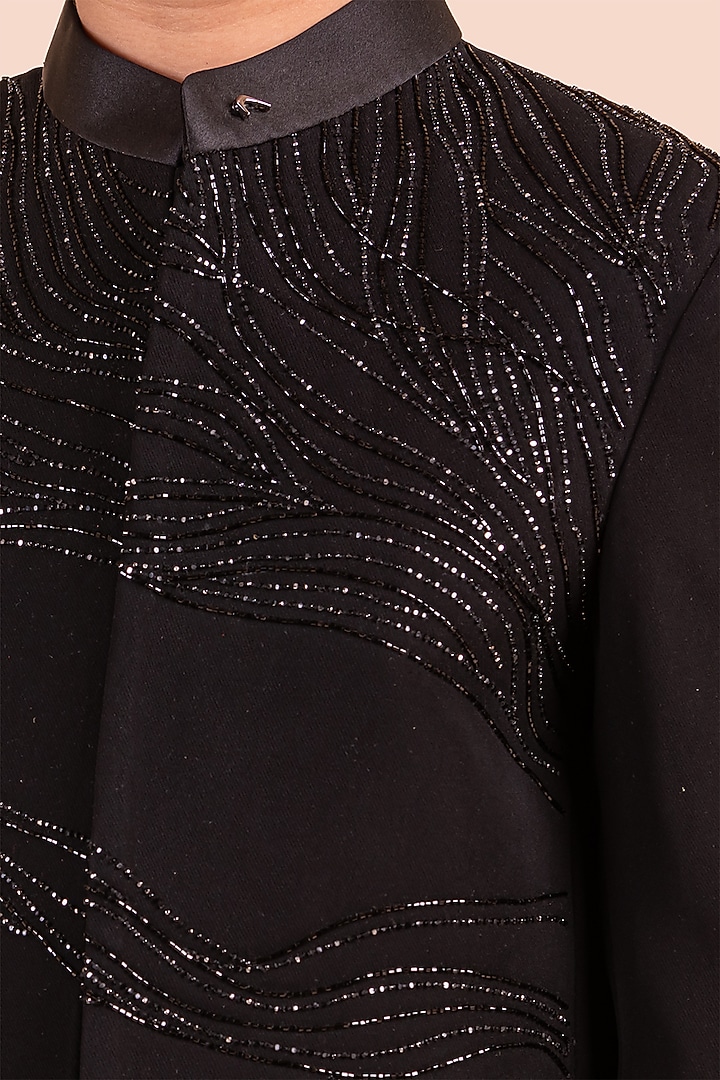 Black Japanese Bommario Cutdana Hand Embroidered Jodhpuri Bandhgala Set For Boys by Partykles at Pernia's Pop Up Shop
