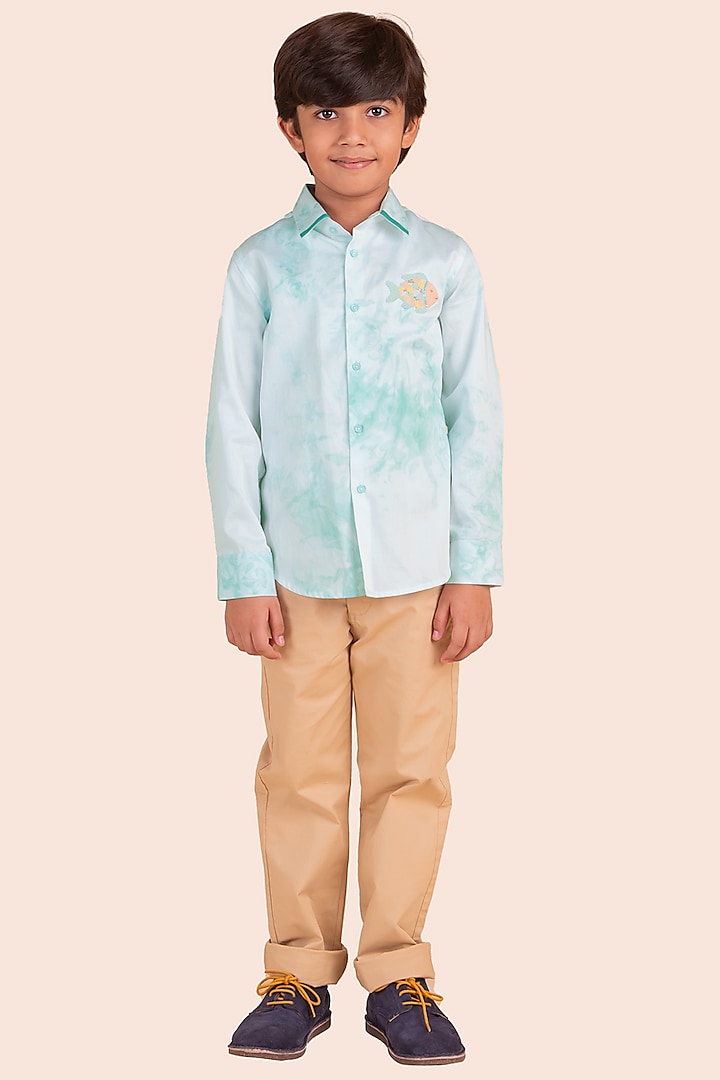 Aqua Cotton Fish Moti Embroidered Tie-Dye Shirt by Partykles at Pernia's Pop Up Shop