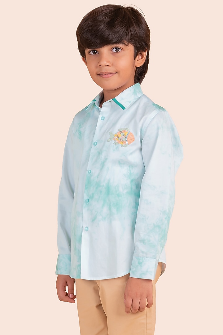Aqua Cotton Fish Moti Embroidered Tie-Dye Shirt by Partykles at Pernia's Pop Up Shop