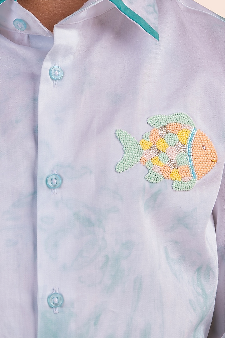 Aqua Cotton Fish Moti Embroidered Tie-Dye Shirt by Partykles at Pernia's Pop Up Shop