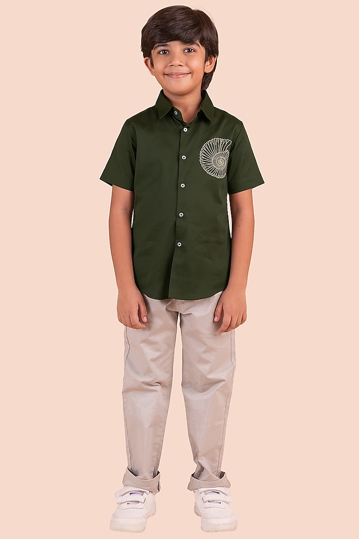 Military Green Cotton Thread Work Embroidered Shirt For Boys by Partykles at Pernia's Pop Up Shop