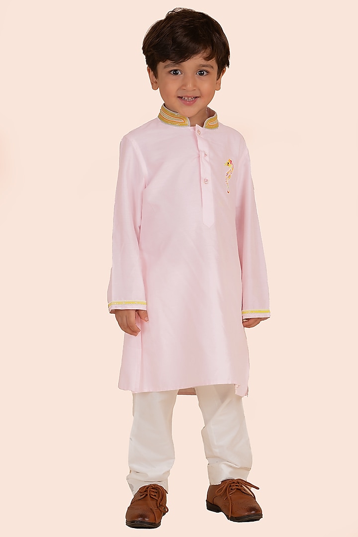 Light Pink Cotton Silk Thread & Moti Embroidered kurta Set For Boys by Partykles at Pernia's Pop Up Shop