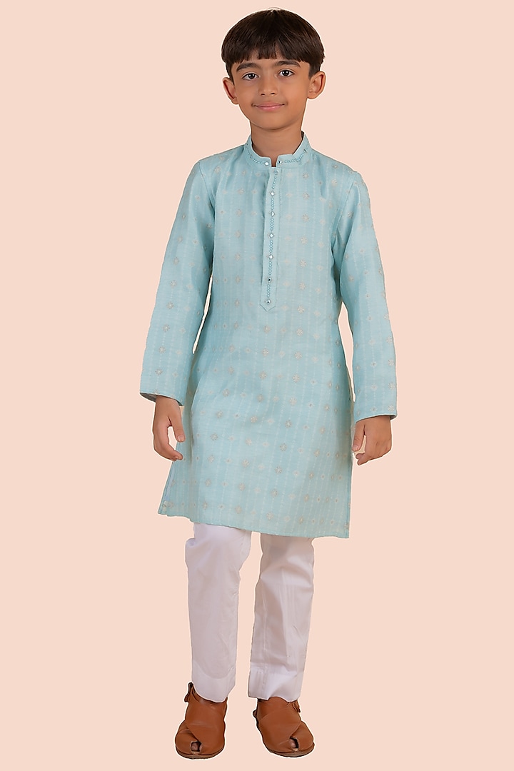 Blue Banarasi Silk Printed & Thread Work Kurta Set For Boys by Partykles at Pernia's Pop Up Shop