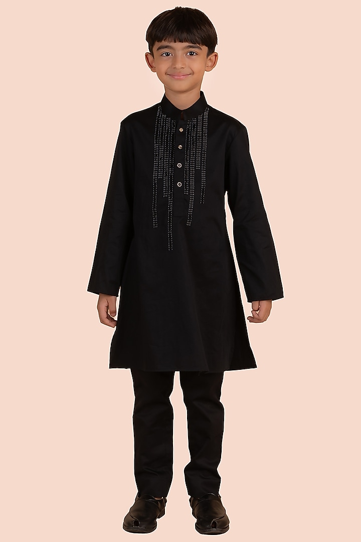 Black Cotton Satin Cutdana Self Embroidered Kurta Set For Boys by Partykles at Pernia's Pop Up Shop