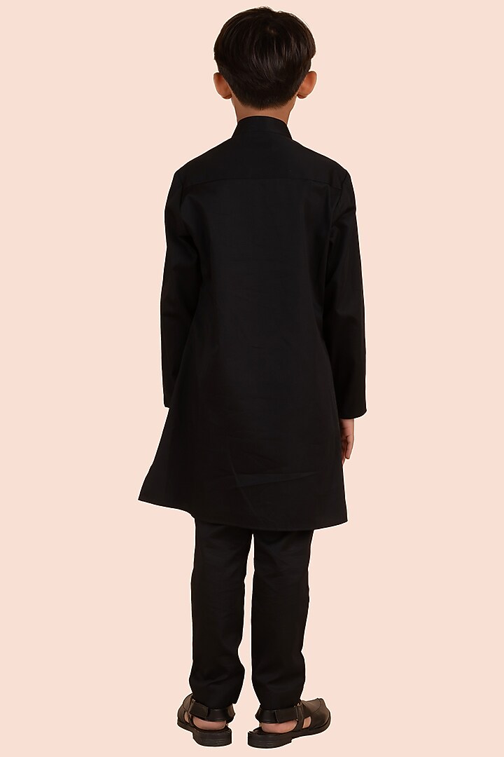 Black Cotton Satin Cutdana Self Embroidered Kurta Set For Boys by Partykles at Pernia's Pop Up Shop
