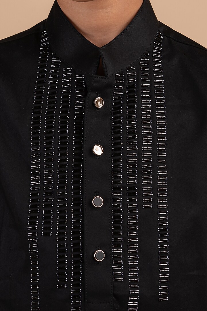 Black Cotton Satin Cutdana Self Embroidered Kurta Set For Boys by Partykles at Pernia's Pop Up Shop