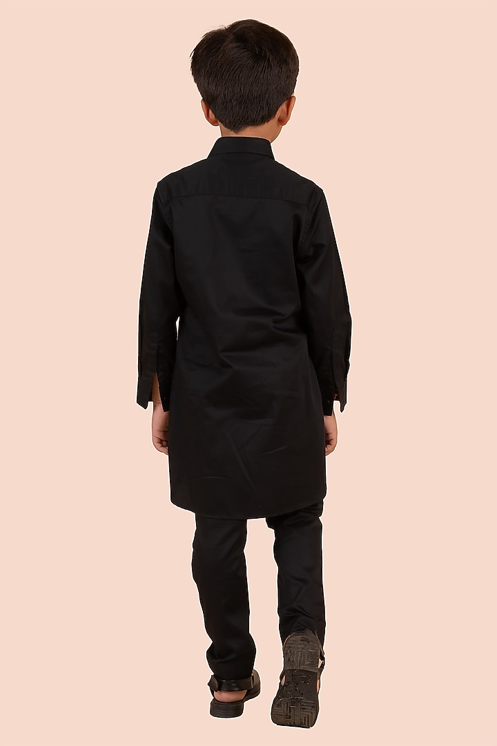 Black Cotton Satin Cutdana Embroidered Kurta Set For Boys by Partykles at Pernia's Pop Up Shop