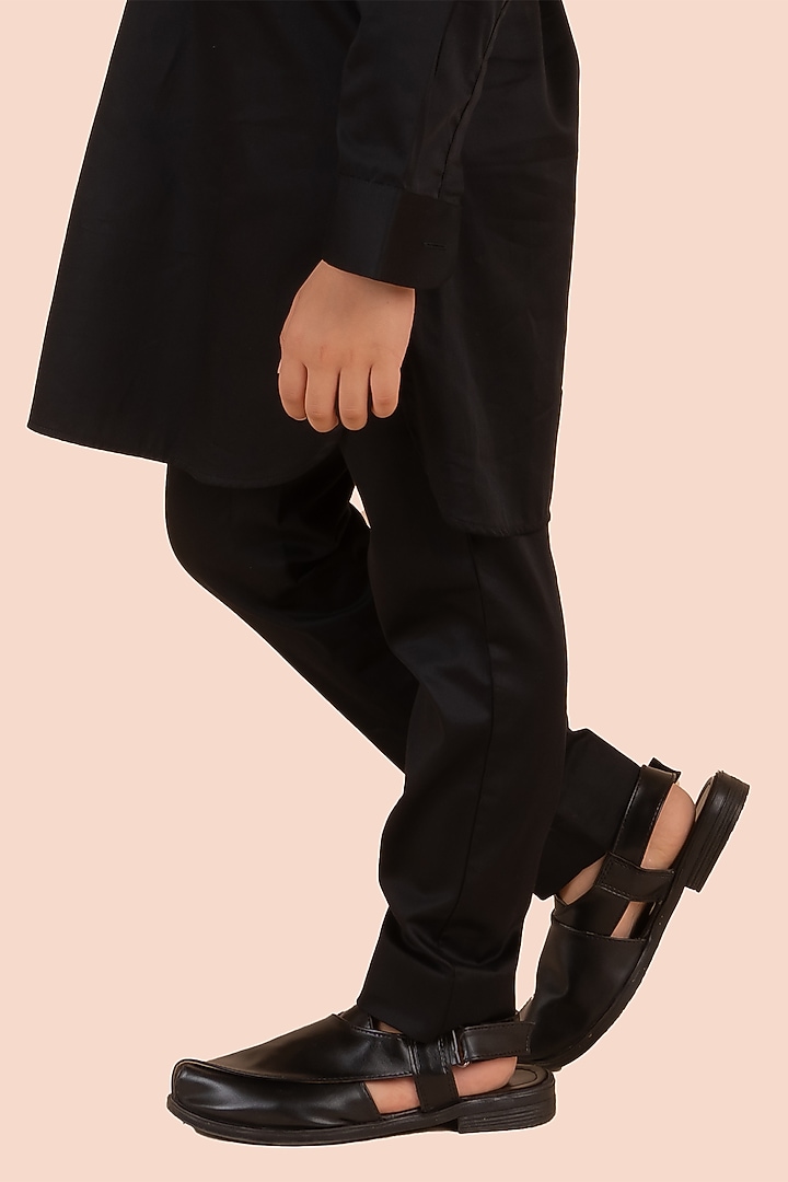 Black Cotton Satin Cutdana Embroidered Kurta Set For Boys by Partykles at Pernia's Pop Up Shop