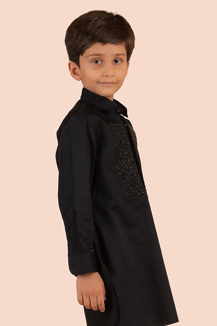 Black Cotton Satin Cutdana Embroidered Kurta Set For Boys by Partykles at Pernia's Pop Up Shop