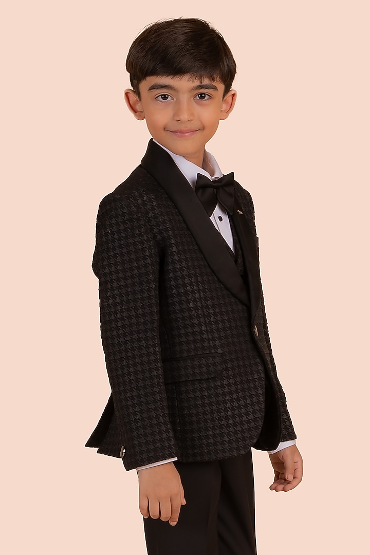 Black Jacquard Tuxedo Set For Boys by Partykles at Pernia's Pop Up Shop