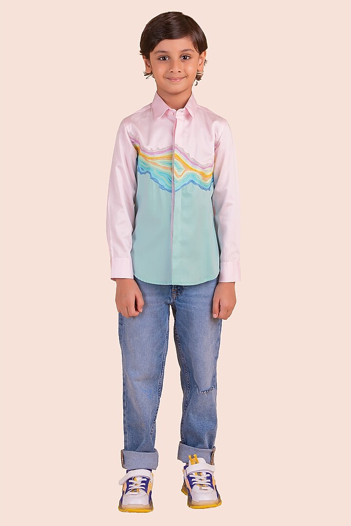 Multi-Colored Cotton Thread Embroidered Paneled Shirt For Boys by Partykles at Pernia's Pop Up Shop