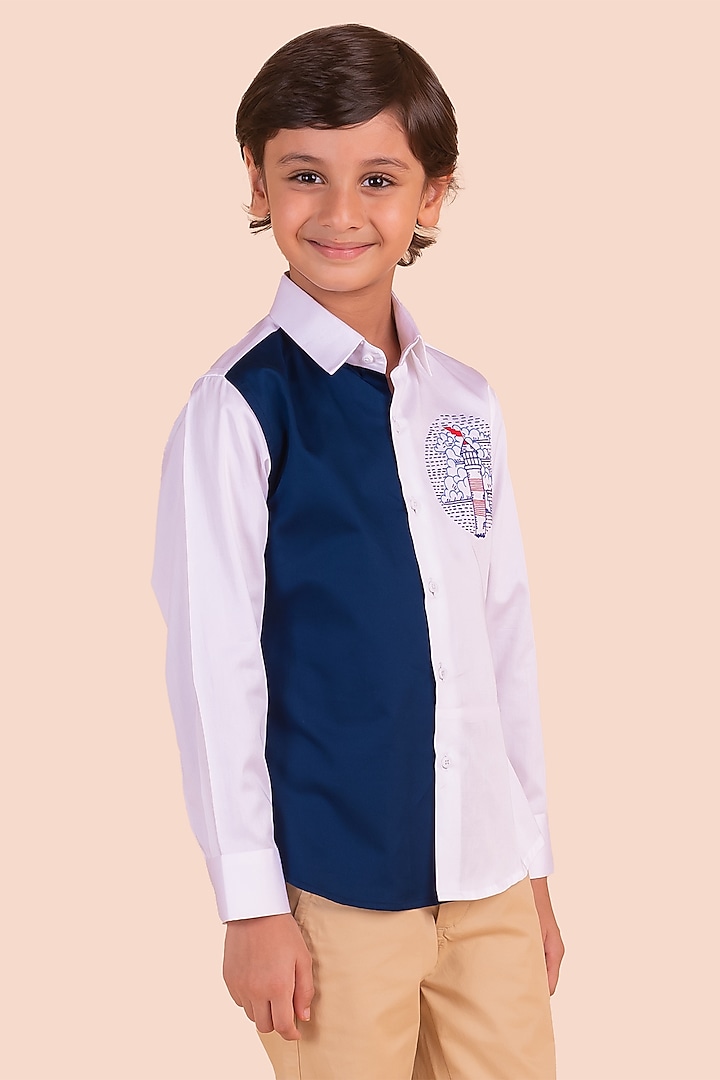 Multi-Colored Cotton Embroidered Paneled Shirt For Boys by Partykles at Pernia's Pop Up Shop