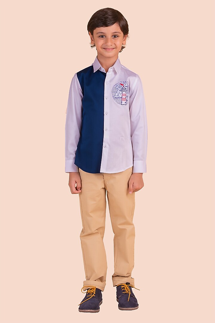 Multi-Colored Cotton Embroidered Paneled Shirt For Boys by Partykles at Pernia's Pop Up Shop