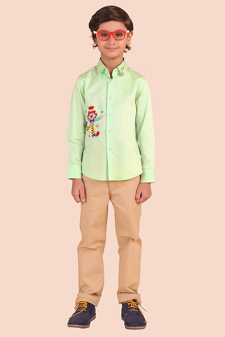 Pista Green Cotton Embroidered Shirt For Boys by Partykles at Pernia's Pop Up Shop