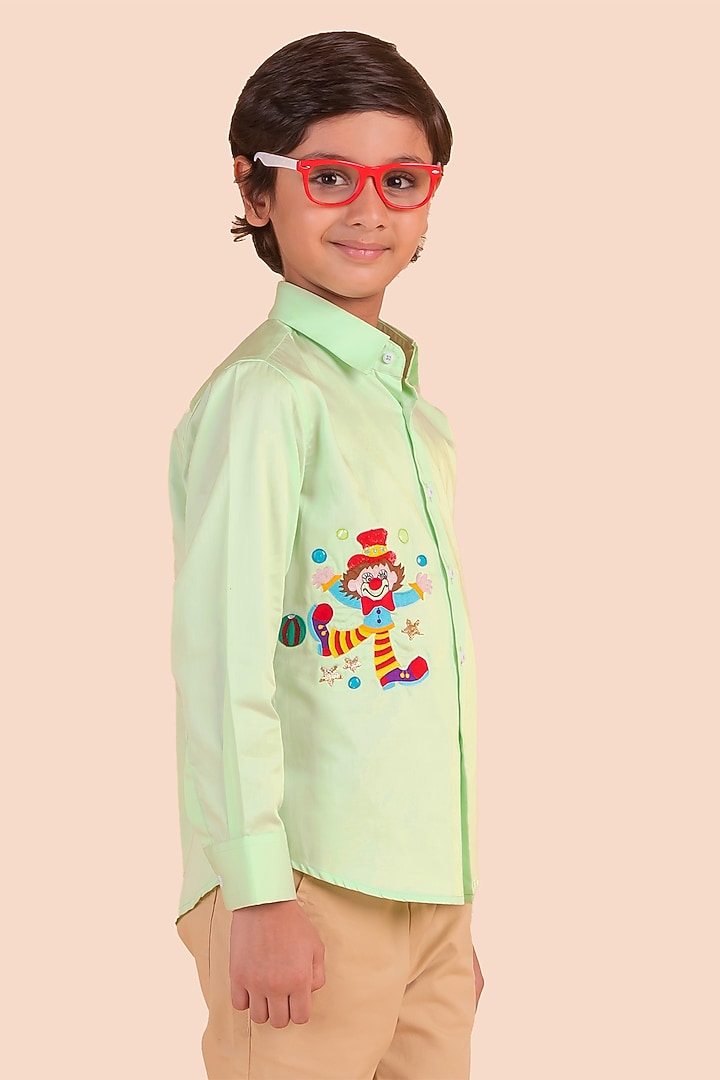 Pista Green Cotton Embroidered Shirt For Boys by Partykles at Pernia's Pop Up Shop