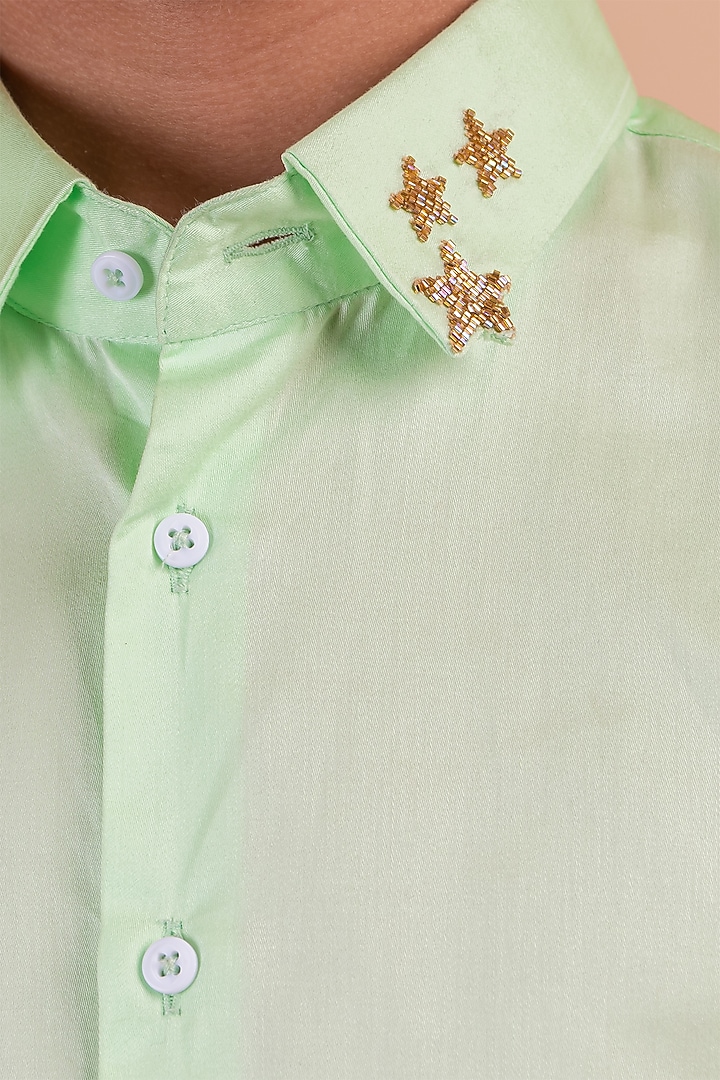 Pista Green Cotton Embroidered Shirt For Boys by Partykles at Pernia's Pop Up Shop