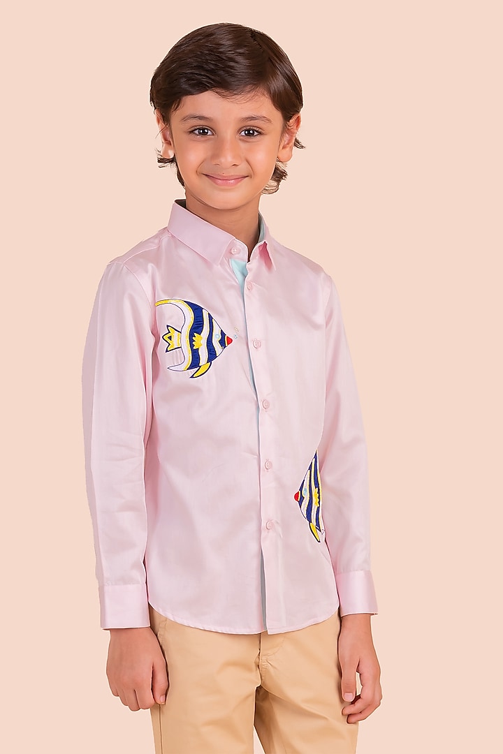 Pink Cotton Embroidered Shirt For Boys by Partykles at Pernia's Pop Up Shop