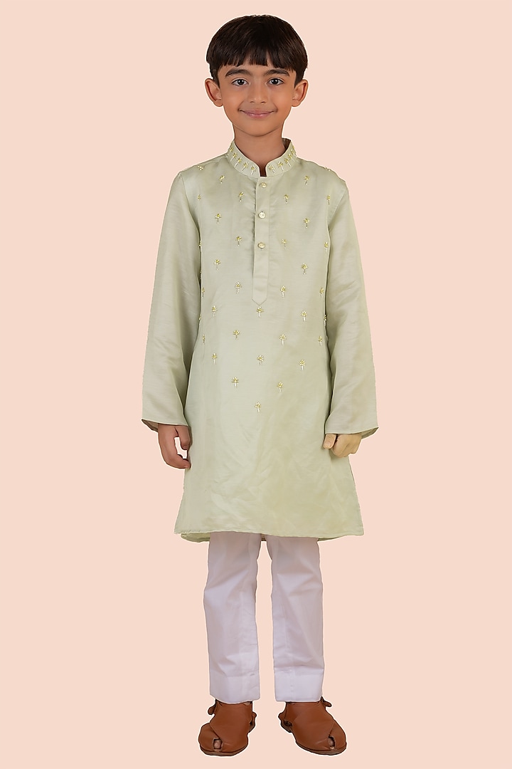 Green Banarasi Silk Cutdana Embroidered Kurta Set For Boys by Partykles at Pernia's Pop Up Shop