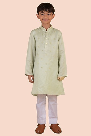 Green Banarasi Silk Cutdana Embroidered Kurta Set For Boys by Partykles