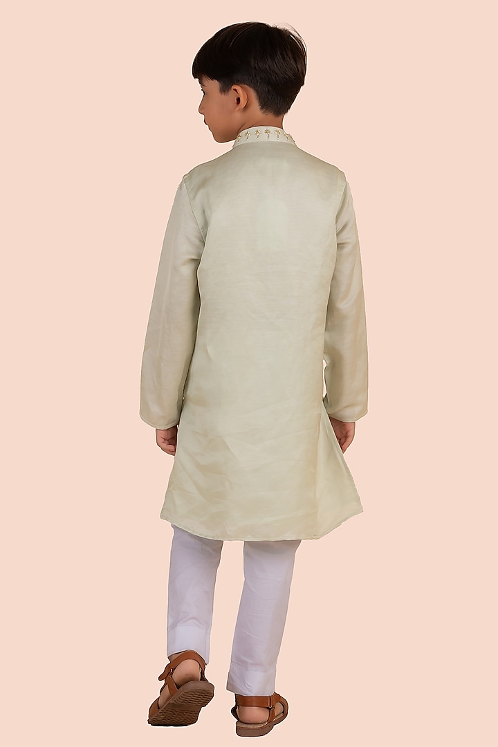 Green Banarasi Silk Cutdana Embroidered Kurta Set For Boys by Partykles at Pernia's Pop Up Shop