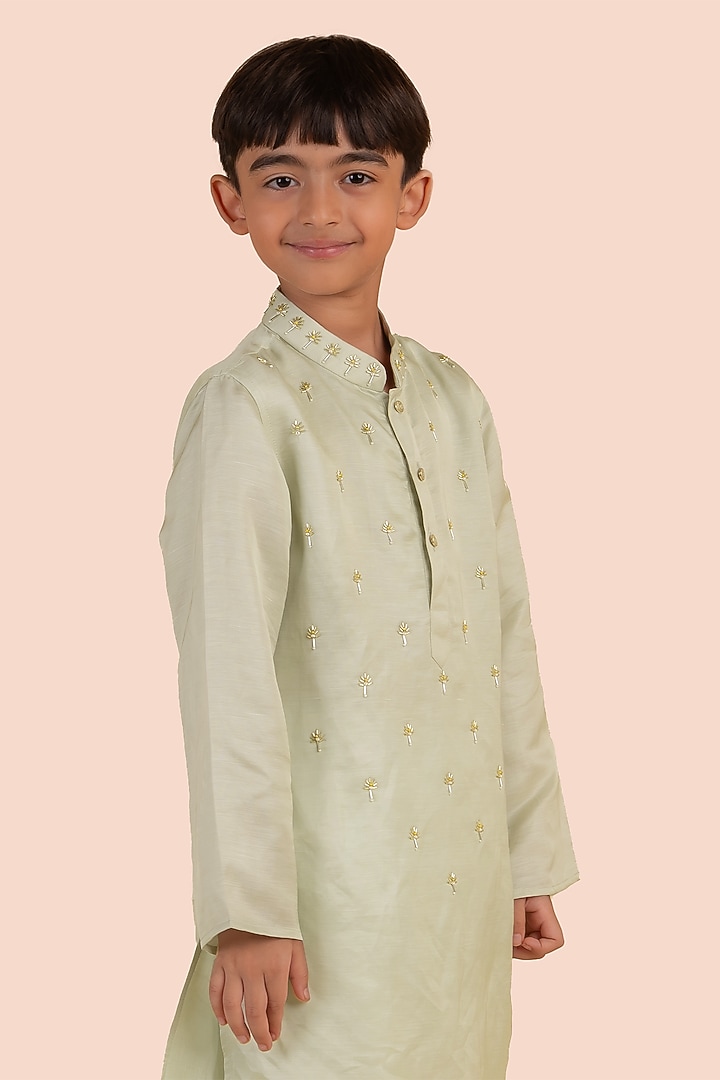 Green Banarasi Silk Cutdana Embroidered Kurta Set For Boys by Partykles at Pernia's Pop Up Shop