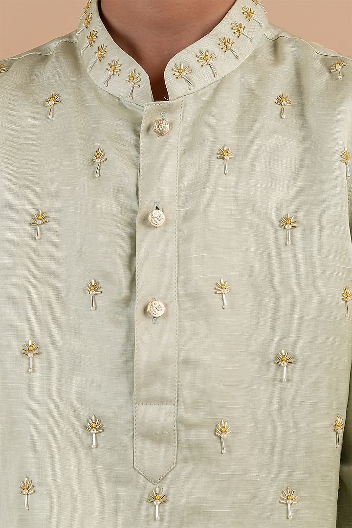 Green Banarasi Silk Cutdana Embroidered Kurta Set For Boys by Partykles at Pernia's Pop Up Shop