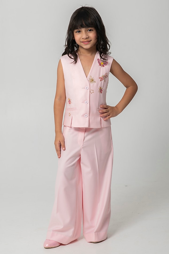 Peach Terry Rayon Embroidered Waistcoat Set For Girls by Partykles at Pernia's Pop Up Shop