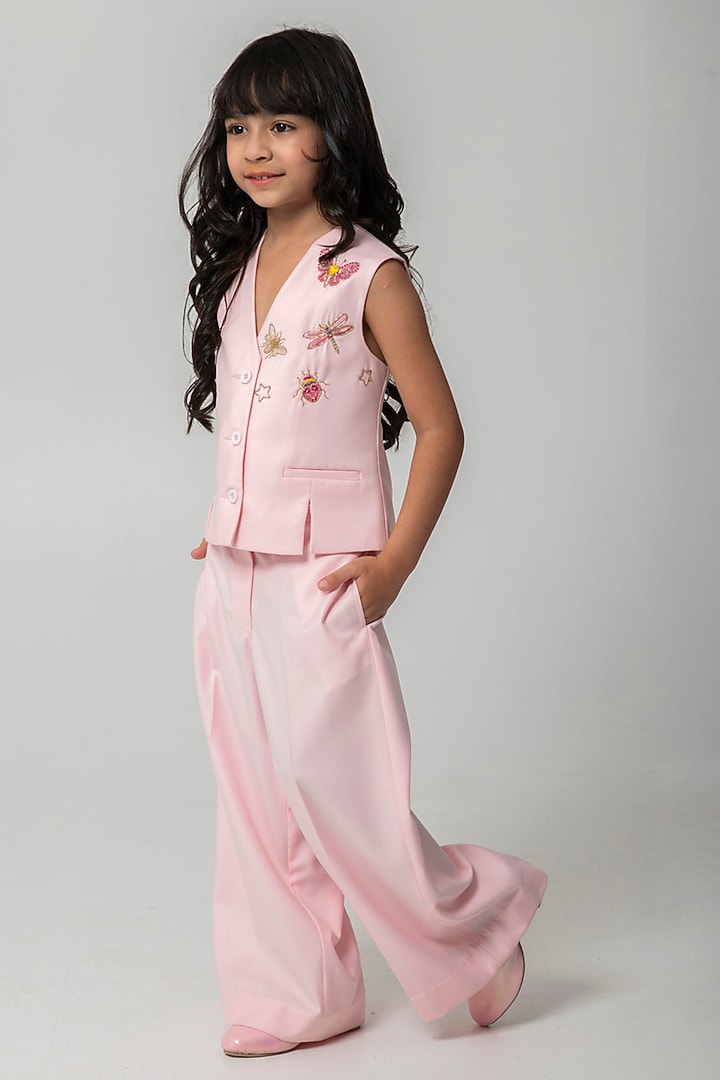 Peach Terry Rayon Embroidered Waistcoat Set For Girls by Partykles at Pernia's Pop Up Shop