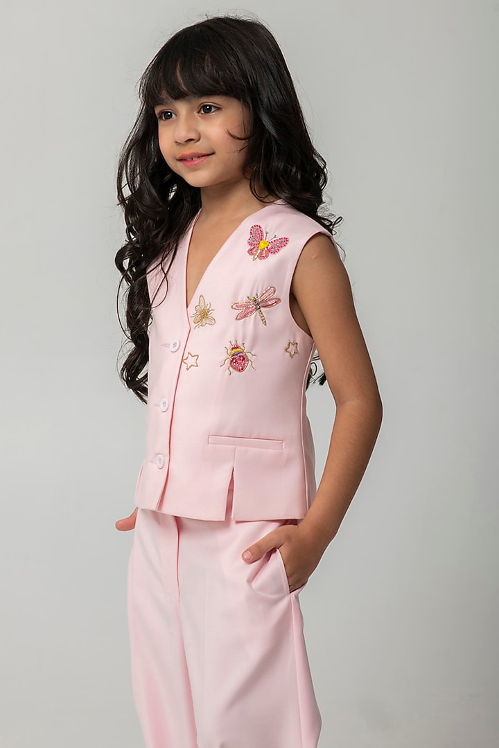 Peach Terry Rayon Embroidered Waistcoat Set For Girls by Partykles at Pernia's Pop Up Shop