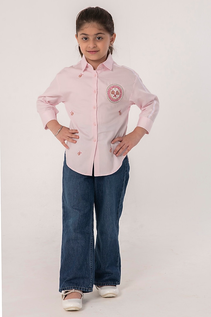 Pink Cotton Embroidered Shirt For Girls by Partykles at Pernia's Pop Up Shop