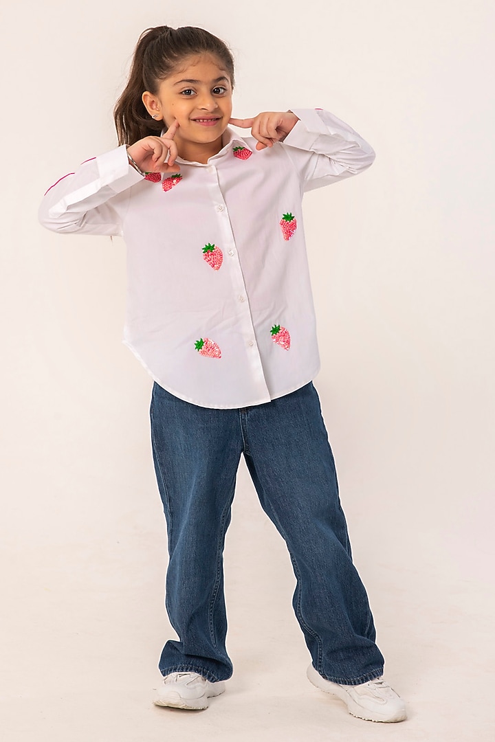 White Cotton Embroidered Shirt For Girls by Partykles at Pernia's Pop Up Shop
