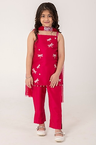 Rani Pink Cotton Silk Embroidered Strappy Kurta Set For Girls by Partykles