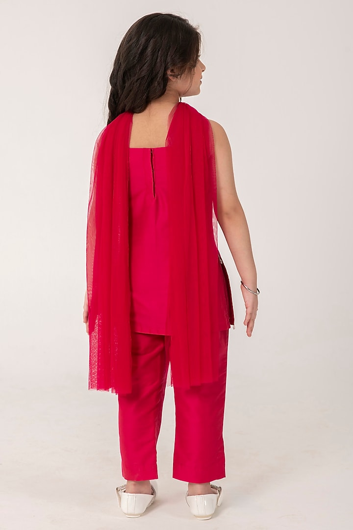 Rani Pink Cotton Silk Embroidered Strappy Kurta Set For Girls by Partykles at Pernia's Pop Up Shop
