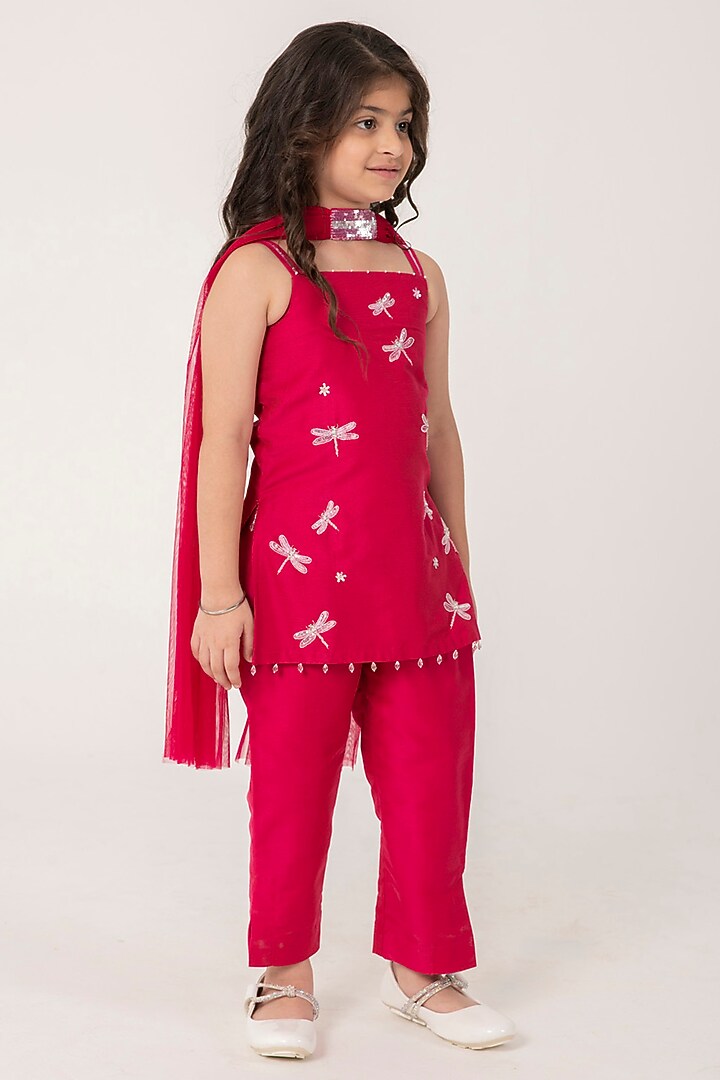 Rani Pink Cotton Silk Embroidered Strappy Kurta Set For Girls by Partykles at Pernia's Pop Up Shop