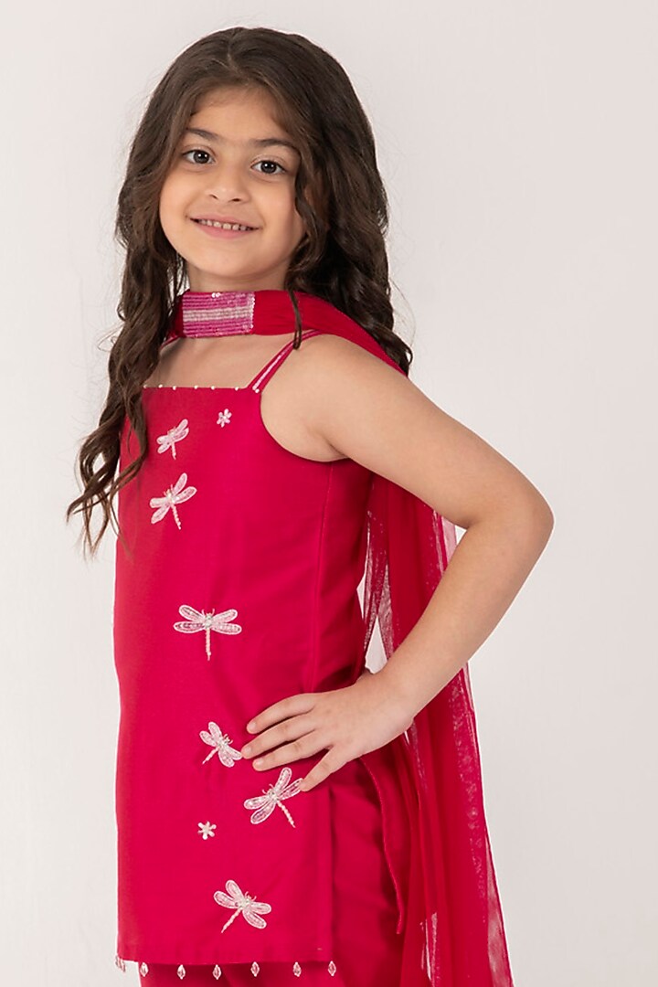 Rani Pink Cotton Silk Embroidered Strappy Kurta Set For Girls by Partykles at Pernia's Pop Up Shop