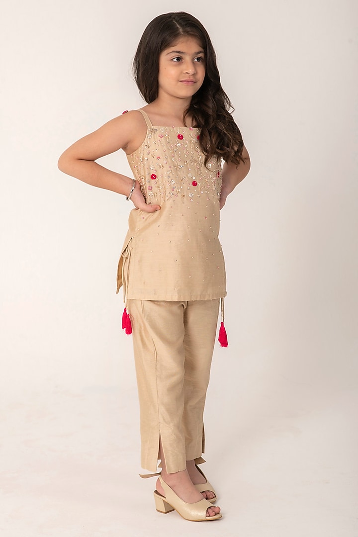 Golden Beige Chanderi Handwork Kurta Set For Girls by Partykles at Pernia's Pop Up Shop