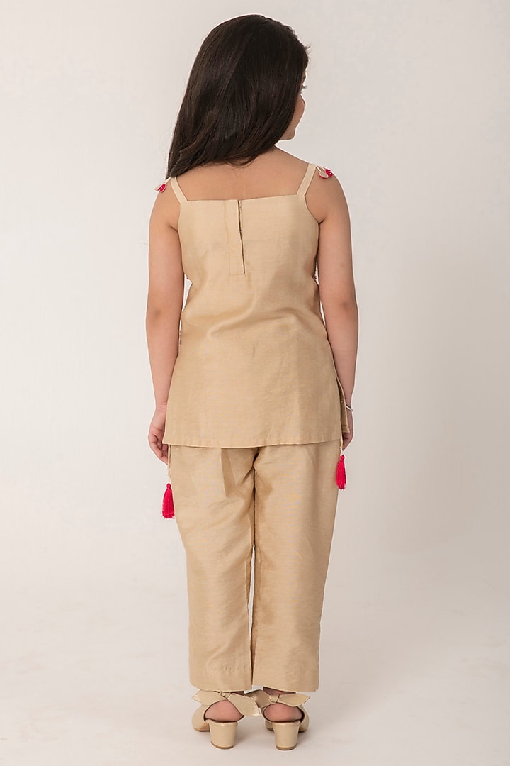 Golden Beige Chanderi Handwork Kurta Set For Girls by Partykles at Pernia's Pop Up Shop
