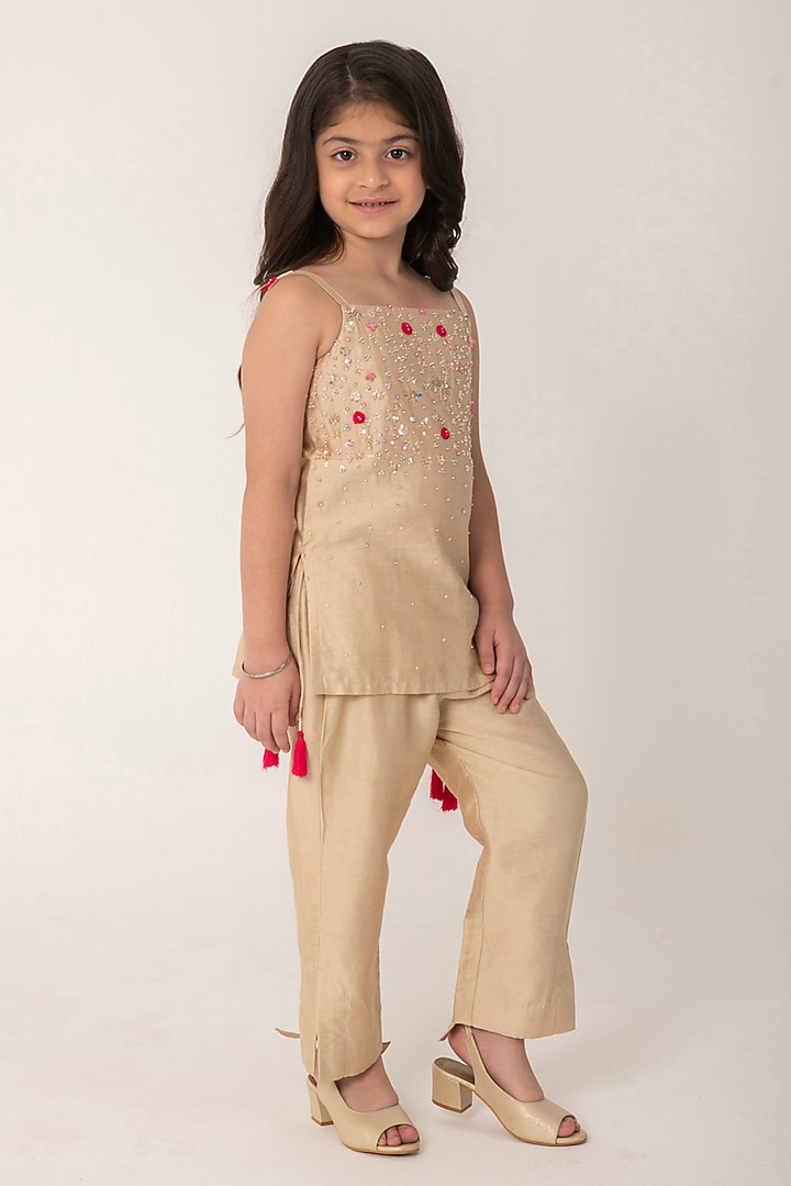 Golden Beige Chanderi Handwork Kurta Set For Girls by Partykles at Pernia's Pop Up Shop