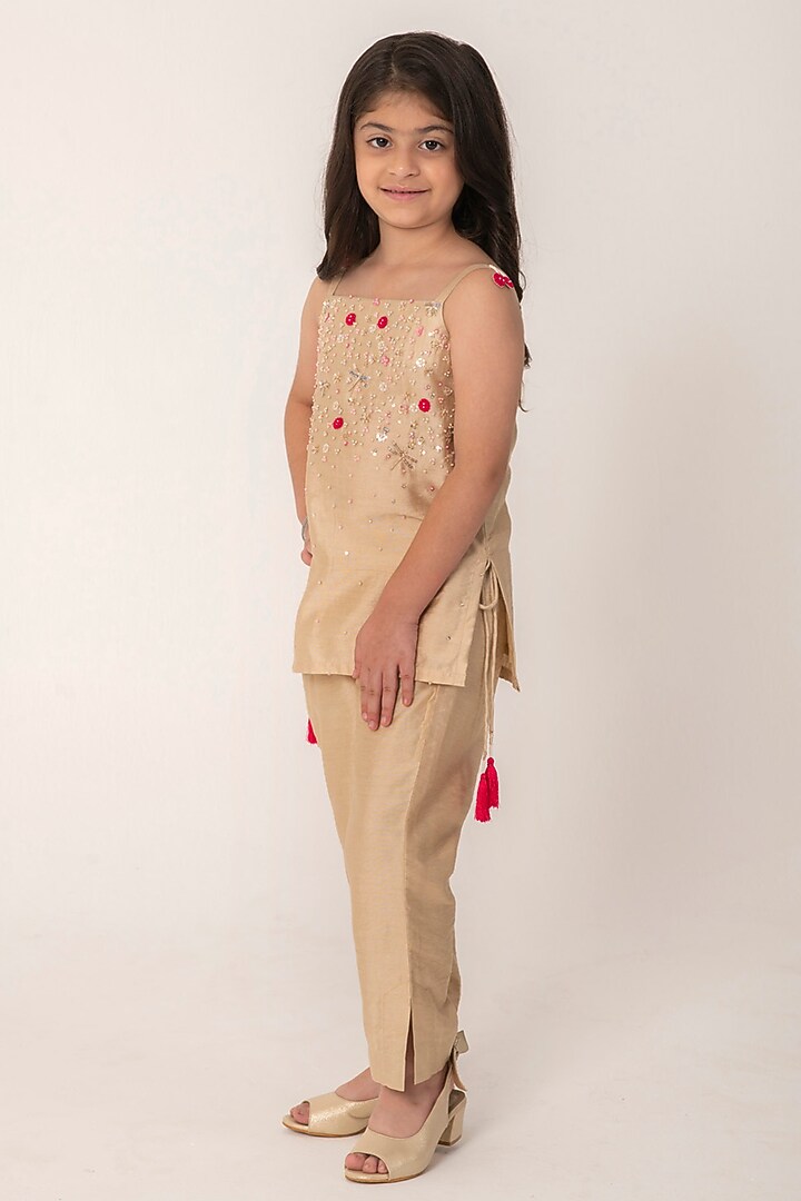 Golden Beige Chanderi Handwork Kurta Set For Girls by Partykles at Pernia's Pop Up Shop