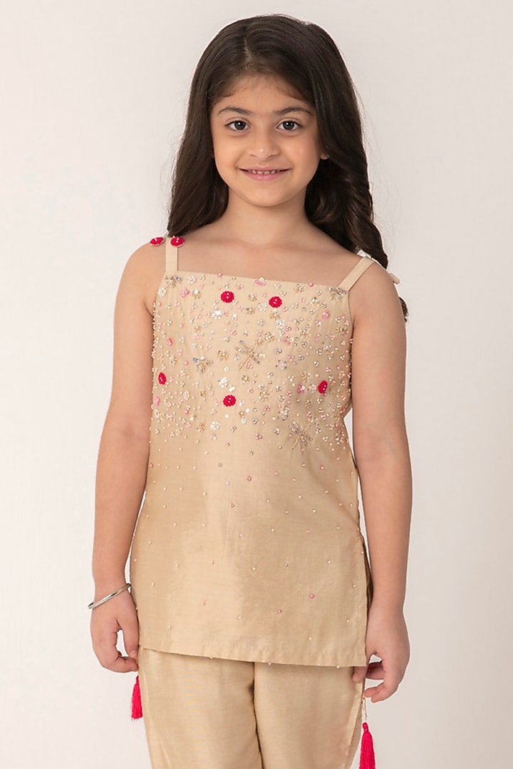 Golden Beige Chanderi Handwork Kurta Set For Girls by Partykles at Pernia's Pop Up Shop