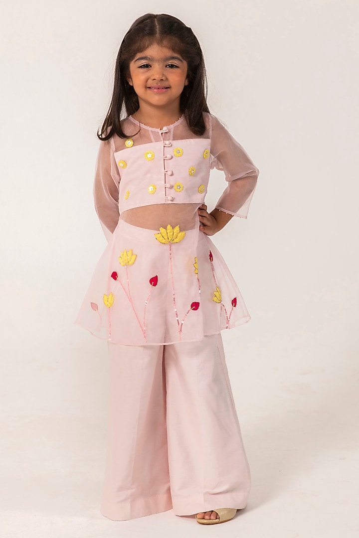 Baby Pink Organza Embroidered Kurta Set For Girls by Partykles at Pernia's Pop Up Shop