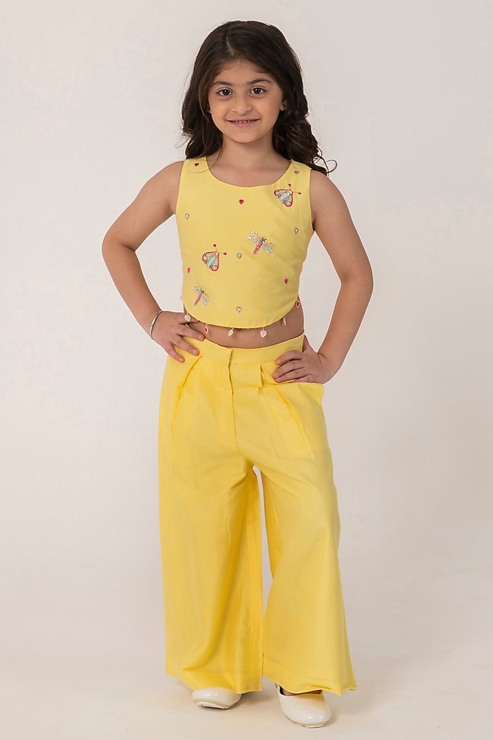 Yellow Cotton Silk Embroidered Co-Ord Set For Girls by Partykles at Pernia's Pop Up Shop