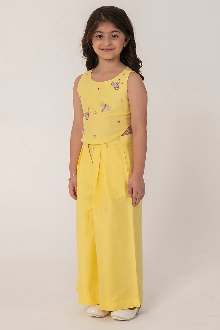 Yellow Cotton Silk Embroidered Co-Ord Set For Girls by Partykles at Pernia's Pop Up Shop