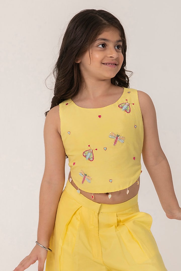 Yellow Cotton Silk Embroidered Co-Ord Set For Girls by Partykles at Pernia's Pop Up Shop